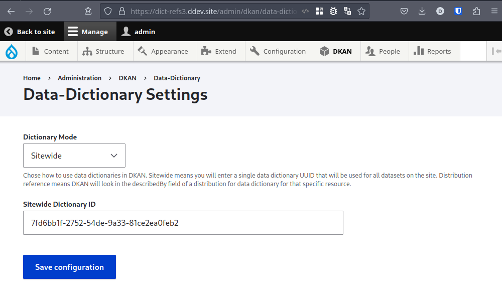 Data dictionay settings admin page, with select input for "Dictionary Mode" set to "Sitewide" and text input for Sitewide Dictionary ID containing the identifier 7fd6bb1f-2752-54de-9a33-81ce2ea0feb2.